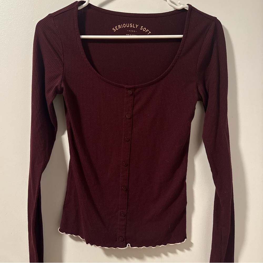 Aeropostale Deep Red Long Sleeve Button-Up Top